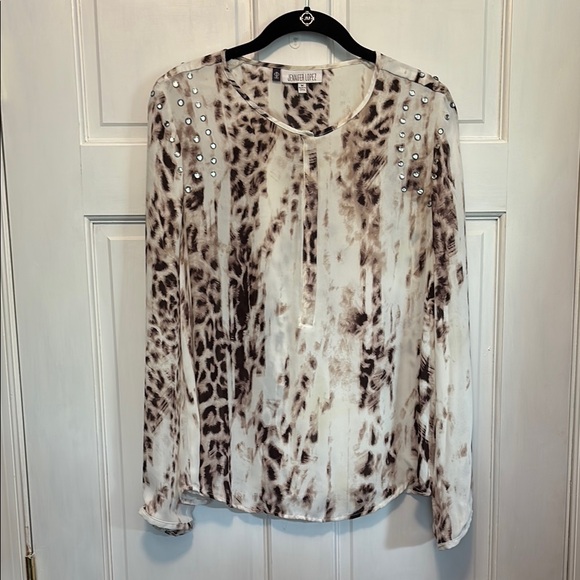Jennifer Lopez Tops - Jennifer Lopez Cream and Brown Long Sleeve Blouse